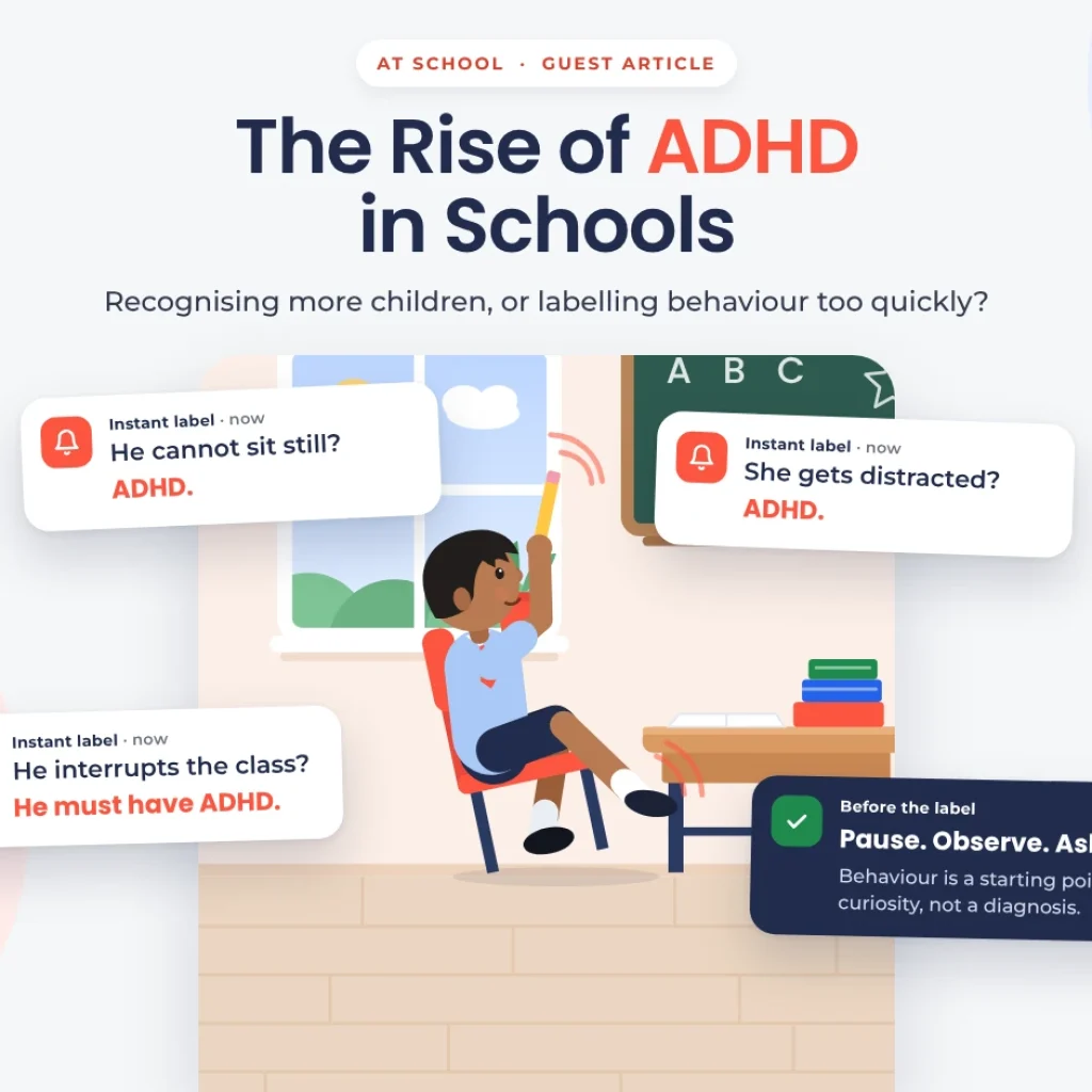 Illustration of a schoolboy leaning back on his classroom chair and twirling a pencil while notification pop-ups label his behaviour as ADHD, beside a card that reads: Pause. Observe. Ask.