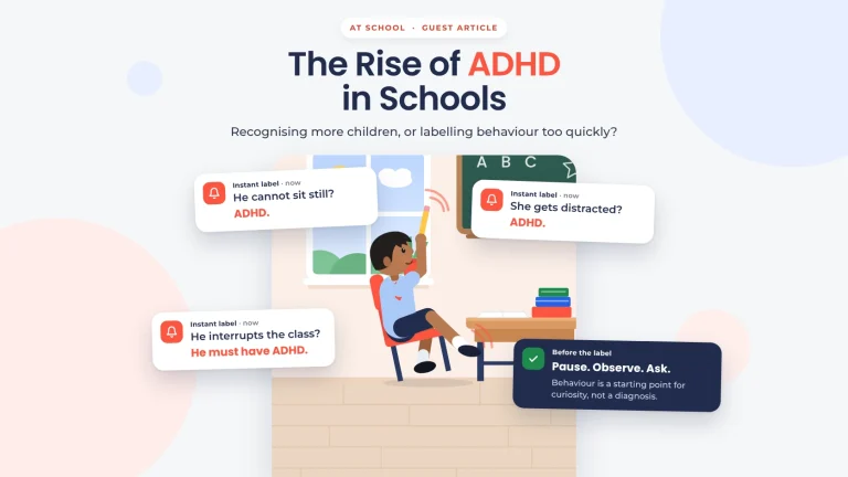 Illustration of a schoolboy leaning back on his classroom chair and twirling a pencil while notification pop-ups label his behaviour as ADHD, beside a card that reads: Pause. Observe. Ask.